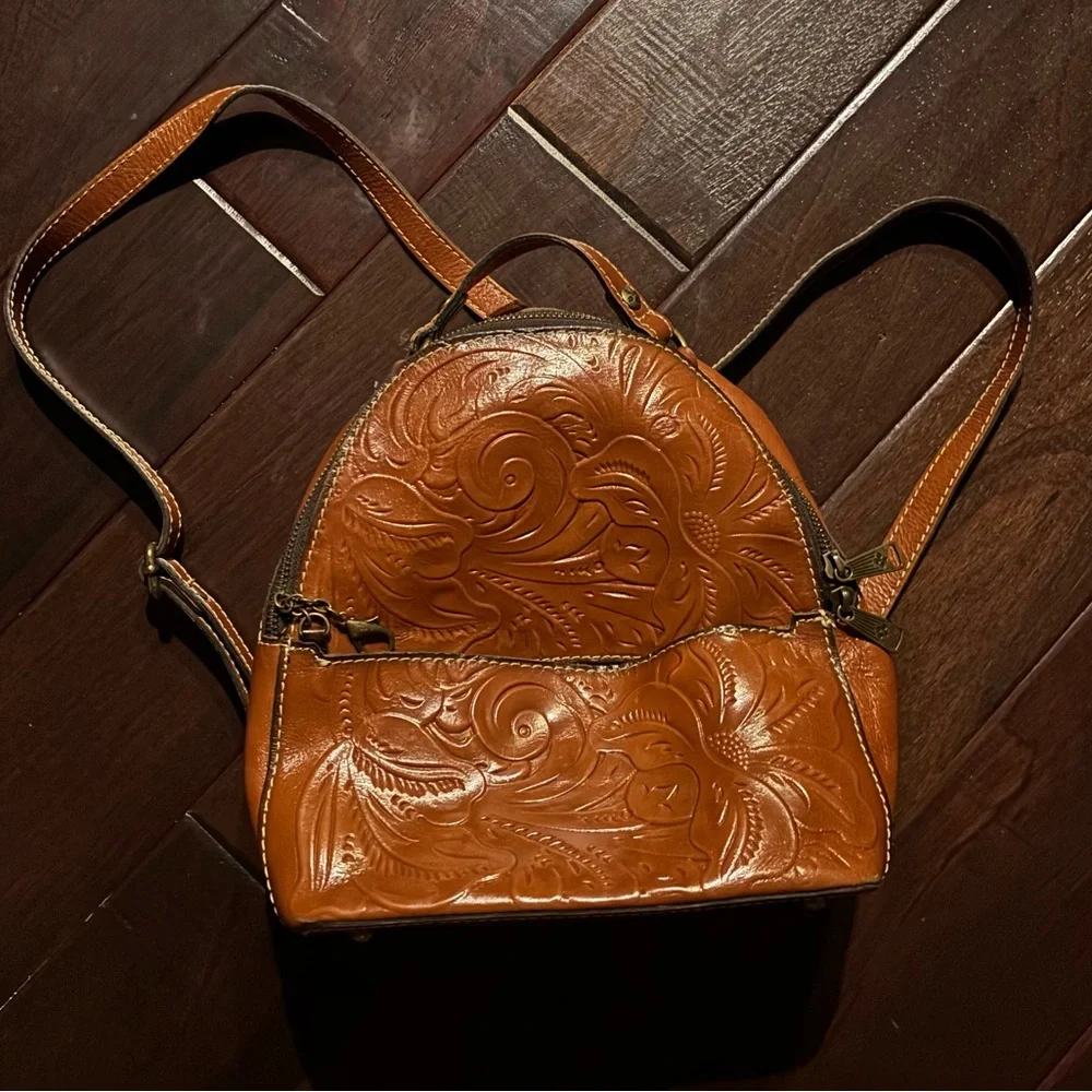 Patricia Nash Floral Embossed Tan Leather Backpack - Picture 3 of 6